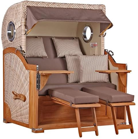 MR. DEKO® Strandkorb Baltikum 2,5-Sitzer Teak | PE Geflecht Shell | Volllieger Strandkörbe aus Teakholz mit 2 Bullaugen & Fußablagen | Polster mit 4 Kissen | Strandstuhl (Dessin 534)