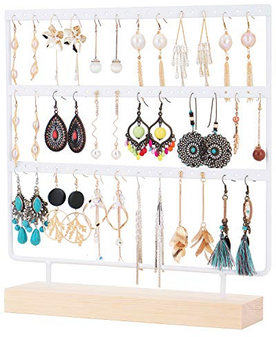 QILICHZ Ohrringständer, 3-stöckig, Ohrringhalter, Ohrstecker, dekorativer Schmuckhalter, Schmuckständer, Display mit Holztablett, für Ohrringe, Halskette, Armband, Ringe
