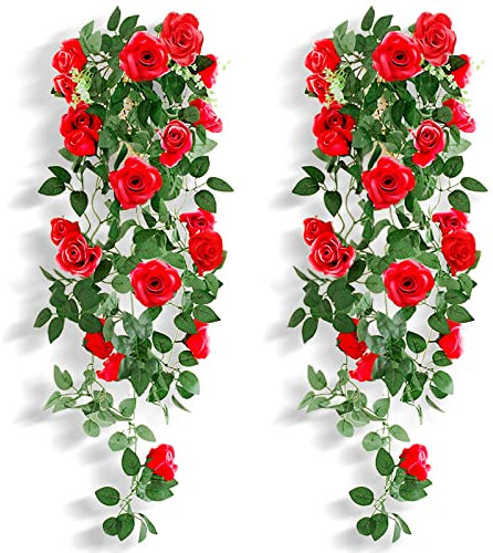 MJARTORIA 2Pack Artificial Rose Flowers Artificial Hanging Basket Plant Vine Fake Silk Trailing Flower for Garden Wall Fence Wedding Balcony Outdoor Indoor Home Door Decoration