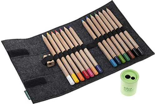eduGREEN® – 17er-Set – 12 Buntstifte, 2 Stifte (Graphit, Weiß) mit Qualitätsmine. Inkl. Dosenspitzer, Holzspitzer u. Filzmäppchen aus recyceltem Filz. Holz aus zertifiziertem Anbau, Lack wasserlöslich