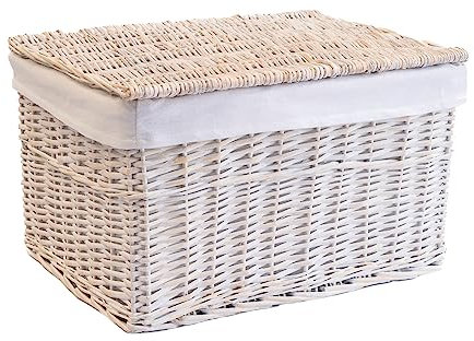 Arthur Cameron - Lined Wicker Hamper with Removable Lid & Cotton Lining - Perfect for Bathroom, Living Room or Bedroom Storage - Storage Basket with Lid, Large Storage Box (White Wash, Medium)