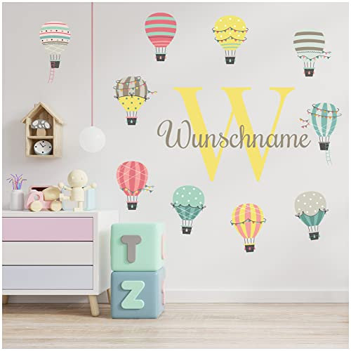 Wandsticker personalisiert Sticker Aquarell Tiere mit Name Wandtattoo für Kinderzimmer Babyzimmer Spielzimmer Mädchen Junge Y037 (Nr. 20 Heißluftballon, Mit Wunschname)