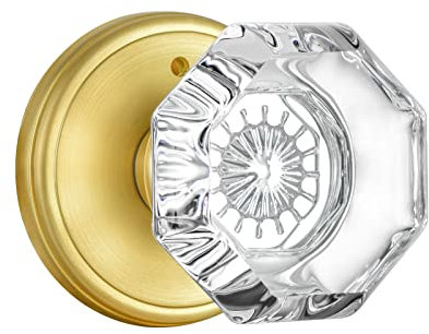 CLCTK Gold Door Knob with Lock, Octagon Crystal Glass Door Knobs for Interior Door, Privacy Function Bathroom Bedroom Door Knobs Interior, Satin Brass Finish