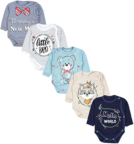 TupTam Baby Body Langarm – Wickelbody Langarm für Jungen & Mädchen, 5er Pack, 100% Baumwolle, OEKO-TEX, Farbe: Little Bro Blau Grau Bärchen Fuchs Beige, Größe: 56