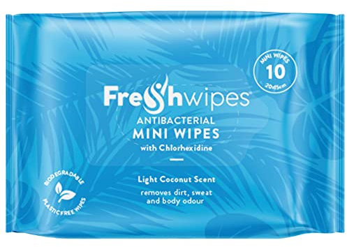FRE SHWIPES Fresh Wipes Mini Body 10 Pack Coconut Scent | Pocket-Sized No Rinse Chlorhexidine Festivals, Camping, Elderly, Disabled, Gym Goers, & Post Surgery Wet for Adults, 1.0 count