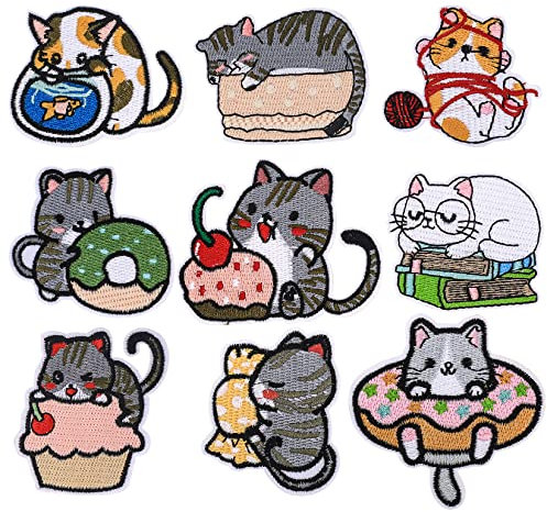 9 Stk Bügelbilder, Aufnäher zum Aufbügeln, Katze Bügelflicken, Aufbügler Applikationen Bügelbild zum Aufnähen für Textilien Kinder, Aufnäher Patches Aufkleber für DIY Hut Tasche Jeans T-Shirt