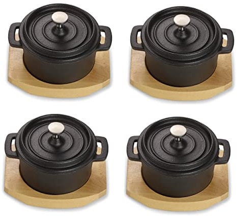 ECHTWERK Marmite en fonte, mini marmite avec planche de service, petite broche, déjà brûlée, convient pour le four, le barbecue, le barbecue et l'induction, idéal pour le service, 200 ml, 4 pcs.