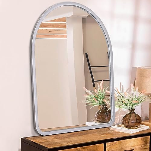 HLFMVWE Miroirs en arc pour mur 50 x 40 cm, cadre en bois rustique vintage, miroir décoratif pour ferme, chambre à coucher, salle de bain, salon, décoration murale, grand format, argenté