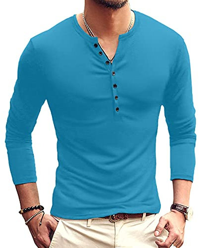 KUYIGO Mens Long Sleeve T Shirt Cotton Henley Shirts Casual Fashion T Shirts S-XXL XL Deep Teal