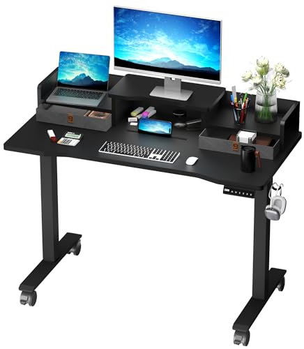 BEXEVUE Elektrischer Schreibtisch Höhenverstellbar - 120x60cm Stehschreibtisch mit 2 Schubladen Monitorständer, 3 Memory Funktion Anti-Kollisions Technologie, Computertisch Ergonomischer Sitz-Stehpult