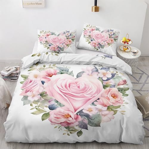 GEDAEUBA Rosa Rosen Bettwäsche 135x200 - Blumen Bettbezug 135 x 200 2er Set, Wendebettwäsche und Kissenbezug 80x80, Weiche & Angenehme & Atmungsaktive Mikrofaser Bettwäsche-Sets mit Reißverschluss