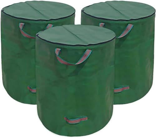 Garden Waste Bag, Garden Bag with Lid, 272L Garden Waste Bag - Foldable Garden Bag Self-Standing with 4 Handles, Zip Waterproof for Garden Leaves and Waste Collection, Lightweight and Portable (3 PCS)