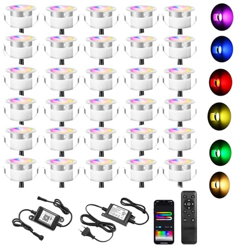 30er WiFi Intelligent RGB+IC Dreamcolor LED Bodenstrahler Spots Multicolor Chasing Effekt Terrassenbeleuchtung Arbeitet mit Alexa, Google Home,DC12V Ø31mm IP67 Wasserdicht LED Einbaustrahler