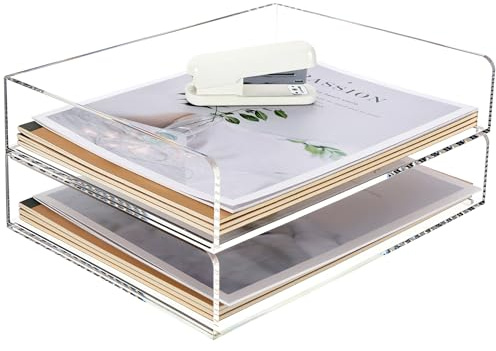 SANRUI 2 Tier Acrylic Stackable Paper Tray Organizer, Clear A4 Letter Sorter for Office, Home or School - 12.4x8.86x5.31in