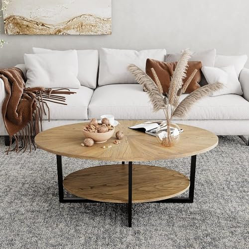 PADMA HOUSE Solid Wood Oval Coffee Table with Cross Metal Legs, Modern Industrail Center Table with Open Shelf Cocktail Tea Table 110cm for Living Room Bedroom (Rustic Brown, 85D x 45.3H)