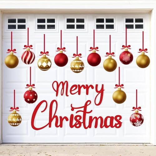 KAHEIGN 31Pcs Christmas Garage Door Magnets, 19CM Merry Christmas Magnet Sticker with 13Pcs Christmas Balls and Hanging Bows for Xmas Holiday Garage Door Refrigerator Car Decoration (Gold Red)