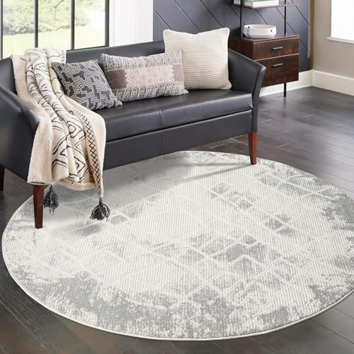 carpet city Teppich Wohnzimmer - Grau - 200 cm Rund - Klassisch Modern - Vintage-Stil, Bordüre, Geo-Muster - Teppiche Kurzflor Schlafzimmer, Esszimmer