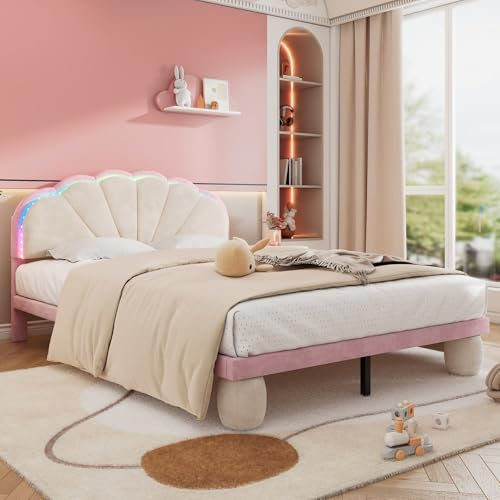 KOMHTOM Lit Double Lit 140 avec Bande Lumineuse LED Lit rembourré avec sommier à Lattes et Pieds arrondis (Rose+Crème, Matelas Non Inclus)