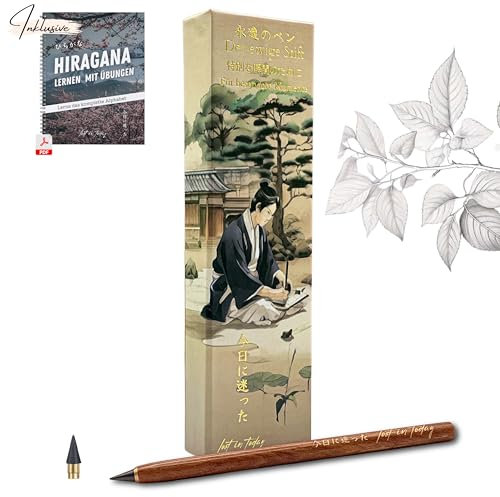 Lost in Today® Ewiger Bleistift mit Geschenkbox Hellbraun | Nachhaltiger Holzbleistift | Japan Geschenk Stifte | Inklusive Hiragana Übungsheft zum Runterladen | Ideal für Japanisch lernen für Anfänger