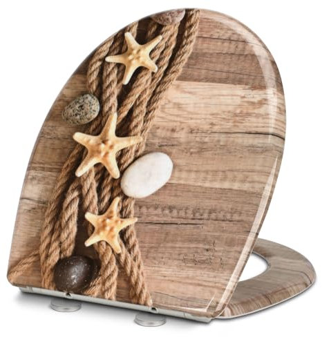 Premium WC-Sitz Toilettensitz mit Absenkautomatik, YOTOREE Toilettendeckel, O Form Duroplast Klodeckel mit Verstellbaren Scharnieren, Quick-Release Funktion für einfach Reinigung, Gelber Seestern