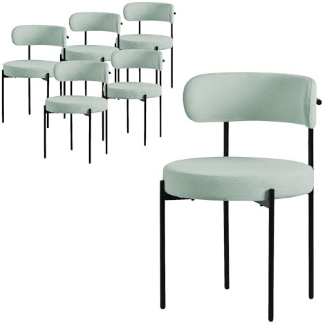 ML-Design Esszimmerstühle 6er Set Grün, Küchenstuhl aus Teddystoff, Wohnzimmerstuhl mit runde Rückenlehne, Polsterstühle mit schwarzem Stahlgestell, Loungesessel ergonomisch, Stühle für Wohnzimmer