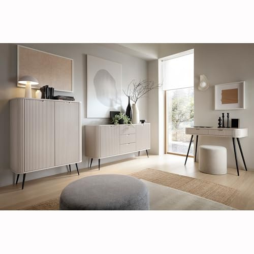 Lomadox Wohnzimmer Set modern Kaschmir Cashmere beige mit Rillen gerillt Sideboard Highboard Konsolentisch Füße Metall in schwarz