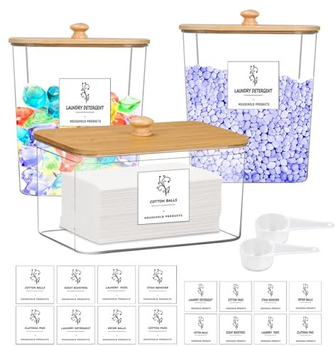 3 Piezas Recipientes de Almacenamiento de Lavandería con Etiquetas, Contenedor de Detergente en Polvo con 2 Cucharas Contenedor de Cápsulas de Lavandería con Tapa para Detergente en Polvo, Pastillas