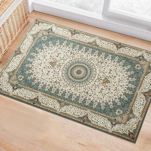BedLooms Washable Bedside Small Rug 40x60 cm Teal Area Rugs for Bedroom Living Room – Traditional Floral Vintage Boho Cashmere Design Carpet Non Slip Entryway Door Mat, (Willow)
