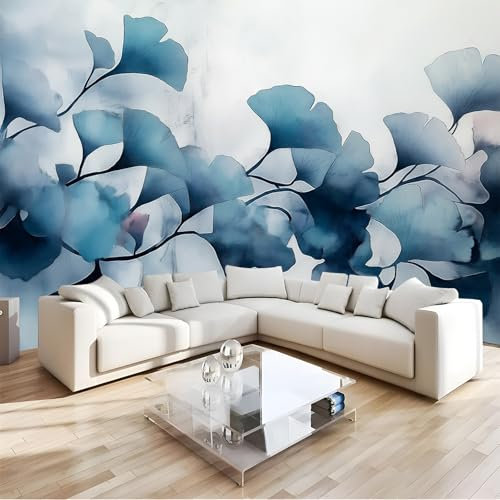 NAWVNMI Papier peint autocollant à décoller et à coller, papier peint à feuilles de ginkgo à l'encre, feuilles bleues, autocollants amovibles pour murs, chambre à coucher, salon, décoration,