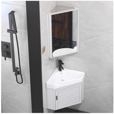 YJEUZCD Ecke Badezimmer Waschtisch, Schwebend Einzeln Waschbecken Kombi, Wandmontage Waschbecken Mit Kabinett, Waschküche Küche Ablage Mit Wasserhahn(White-A,42x42x48 cm)