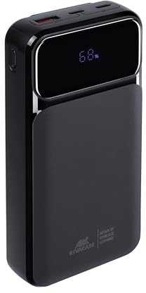 RIVACASE VA2221 Powerbank 20000 mAh, Externer Akku mit 22,5W Ausgangsleistung, Typ-C Eingang/Ausgang, 3 eingebaute Kabel, kompatibel mit iPhone, Samsung, Xiaomi u.a.