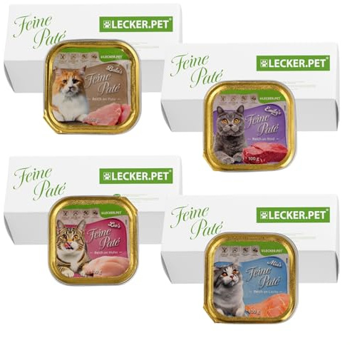 Lecker.Pet® | 68 x 100 g Balu's, Emily's, Leo's & Mia's Feine Paté Katzenfutter Vollnahrung Mix - je Sorte 17 STK.| Nassfutter für Katzen in praktischer Schale | Reich an Proteinen & Mineralstoffen