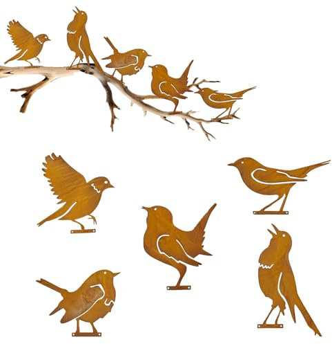 Hyfkjdm 5 Stück Gartenstecker Vögel Deko, Gartenstecker Deko Vogel, Rost Metall Gartenstecker, Rost Gartendeko, Gartenstecker Vogel, für Gartendekoration Frühling Bäume