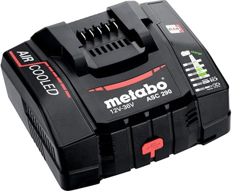metabo Schnellladegerät ASC 290 12–36 V - Akku‑Schnelllader mit AIR Cooled Technologie, Kurze Ladezeiten für Li‑Ion Akkupacks, leistungsstarkes Ladegerät für Werkstatt & Baustelle