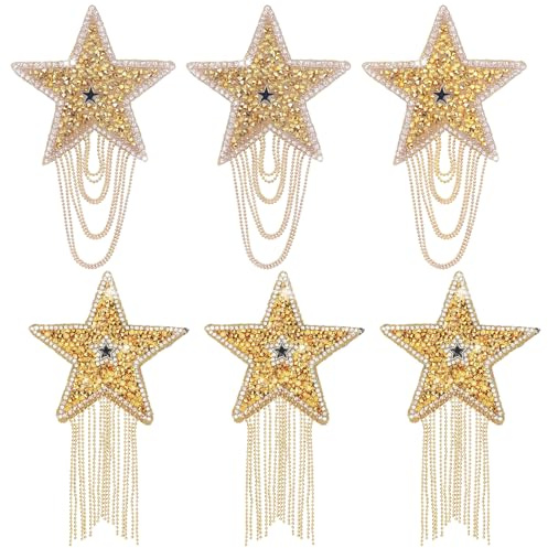 6 Pcs Star Iron on Patches for Clothing,Shiny Gold Rhinestone Tassel Five Pointed Star Pattern with Chains for Hats Jeans Bags DIY Crafts