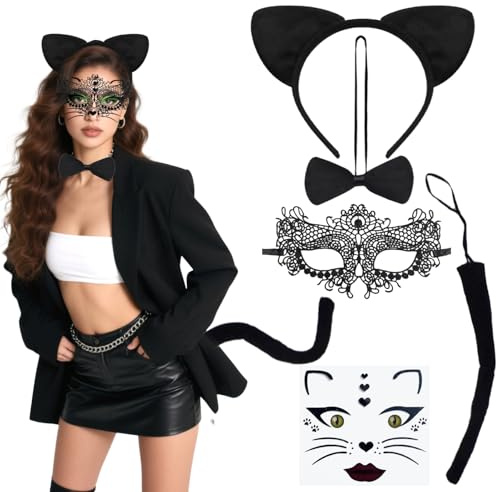 Zcbzbn Katzenohren Stirnband Damen, 5-teiliges Katzenkostüm Set mit Spitzenmaske und Schwanz-Accessoire für Karneval Maskerade, Fancy Dress Party
