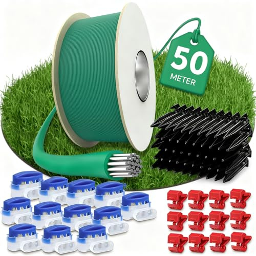 Alitree 50 m Cavo di limitazione robot tosaerba,50 Picchetti | 10 Terminali Connessione,10 Connettori,set di accessori per tosaerba,Alla Maggior Parte dei Robot Tagliaerba