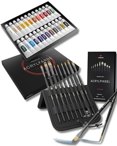 LIEBERGE Acryl-Set: Pinsel + Farben | Dein Perfekter Start ins Acrylmalen | Direkt loslegen: 9 hochwertige Acrylpinsel treffen auf 24 kräftig deckende Farben – alles, was Dein erstes Bild braucht