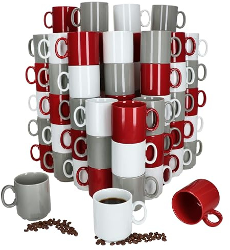 MamboCat Event Trio 72er Set Kaffeebecher I 250 ml I graue, rote & weiße Porzellan-Becher mit Henkel I 72 Personen I stapelbare Tassen für Tee, Kakao, Latte Macchiato & Co I Kaffee-Geschirr