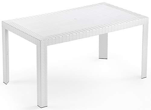SF SAVINO FILIPPO Tavolo tavolino Rettangolare 140x80 Urano Bianco Simil Rattan in Dura Resina di plastica con Foro per ombrellone per Esterno casa Balcone Bar da Giardino