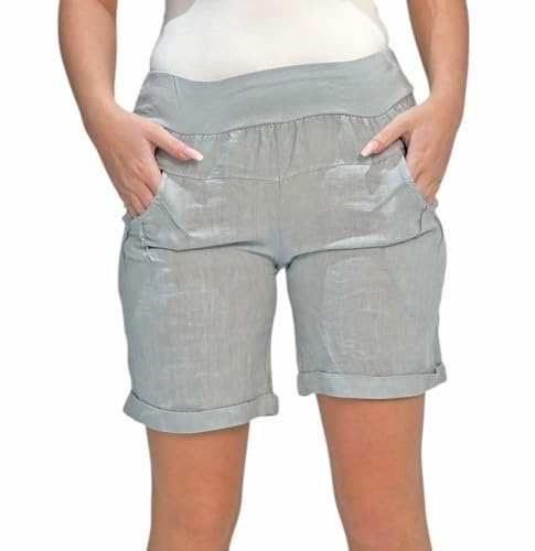 Mississhop 293 Damen Leinenshorts Bermuda lockere Kurze Hose Freizeithose 100% Leinen Shorts mit DREI Knöpfen Sommer Strand Grau L