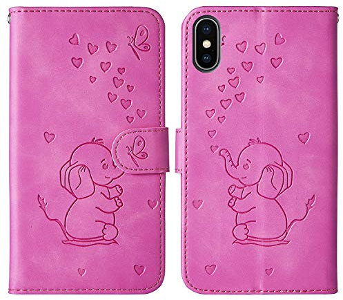 Tiyoo Phone Case for iPhone X/iPhone XS Elephant Butterfly Pattern Kickstand TPU Leather Wallet Cover Protective Case with Card Holder, Magnetic Closure (Purple Red)