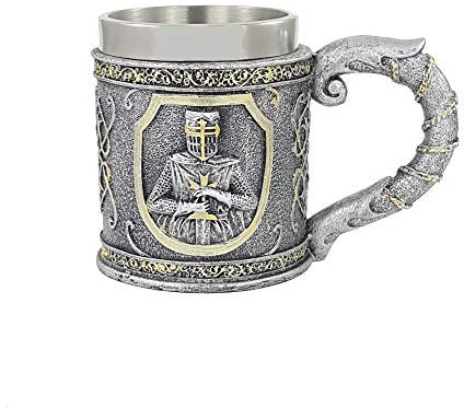 IM Krug Bierkrug Tempelritter Templer Gothic Fantasy Halloween Trinkgefäß Mittelalter Rollenspiel Ritter - Polyresin, Handbemalt, Edelstahl Innenteil, 0,4 Liter, H 12 x B 16 x T 10 cm