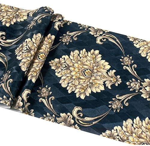 prior.choice 9.5X0.53M Retro AB Vintage Damask Stripes Waterproof Deep Embossed Textured PVC Wallpaper Roll for Bedroom Livingroom 1.73' W x 31.2' L=5.035㎡ (54sq.ft) (A Dark Blue Damask)
