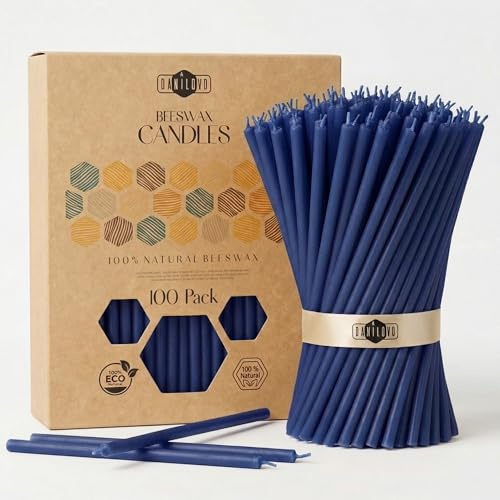 Danilovo 100 Dünne Bienenwachskerzen – Orthodoxe Kirchenkerzen aus Echtem Bienenwachs mit Baumwolldocht, Ritualkerzen für Meditation, Gebet & Hausaltar, Natürlicher Honigduft (16 cm, Blau)
