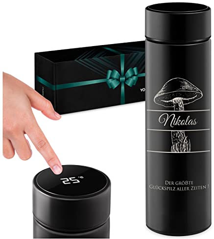 Maverton Thermobecher Kaffeebecher 450 ml - Isolierbecher personalisiert - 100% dicht - Led Temperatur Anzeige - aus Edelstahl - Geschenk für Männer - schwarz - Glückspilz