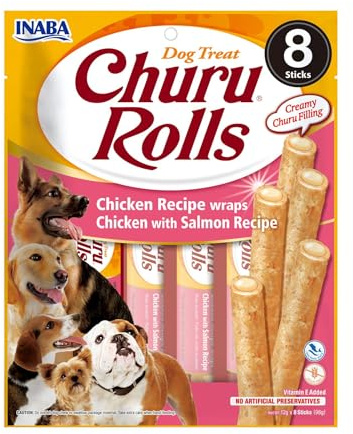 INABA Churu Rolls mit echtem Fleisch, Hundeleckerli ohne Getreide, ohne Zucker, Keine Nebenerzeugnisse, Weiche Leckerlis geeignet für Kleine Hunde und Seniorhunde mit Huhn & Lachs 96 g (1er Pack)