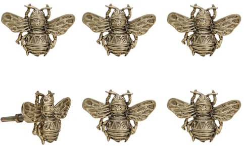 SOFFEE DESIGN Set of 6 Vintage Matte Gold Pewter Cabinet Knobs, Decorative Metal Bee Shape Knobs Pull Handle for Door Cabinet Drawer, Antique Dresser Knobs Home Furniture Handle