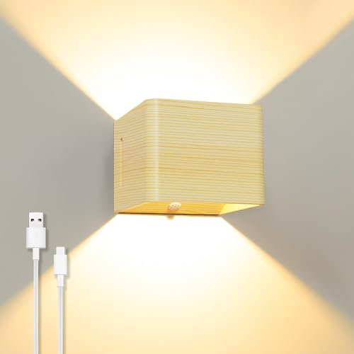 ACMHNC Holzfarbe Akku Wandleuchte mit Bewegungsmelder, LED Wandleuchte Innen Batteriebetrieben, USB Aufladbare Wandlampe Akku mit Schalter, 3000 mAh, 5W Warmweiß, 400lm, Treppenlicht