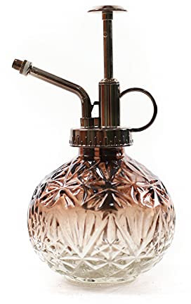 Hniuyun Botella de vidrio para plantas de pulverización, rociador redondo vintage de 6.5 pulgadas de alto con bomba superior de plástico de bronce para regar tu jardín (degradado blanco marrón)
